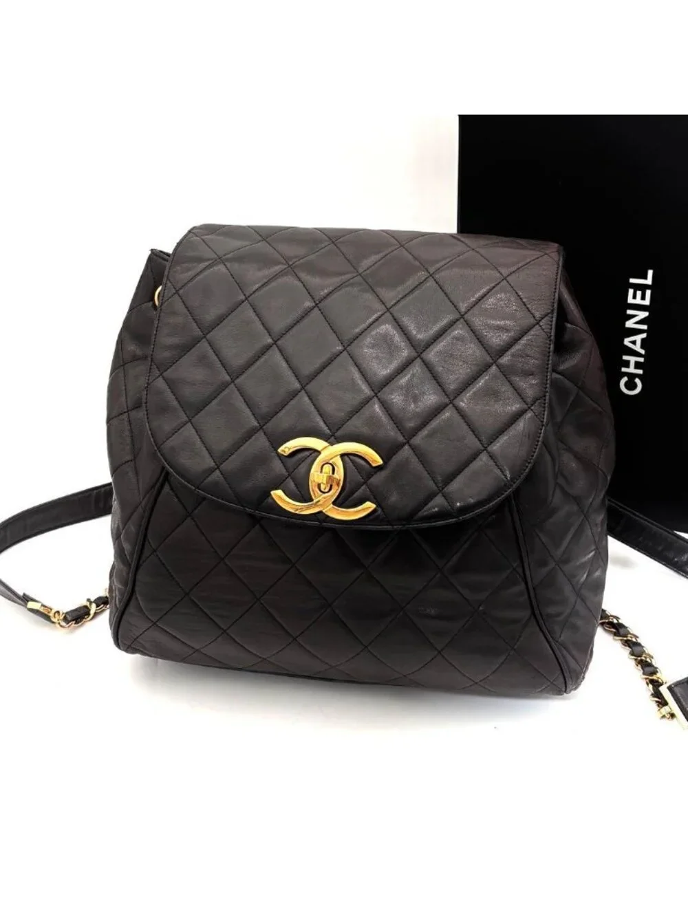 Chanel Quilted Backpack Black Lambskin Brown